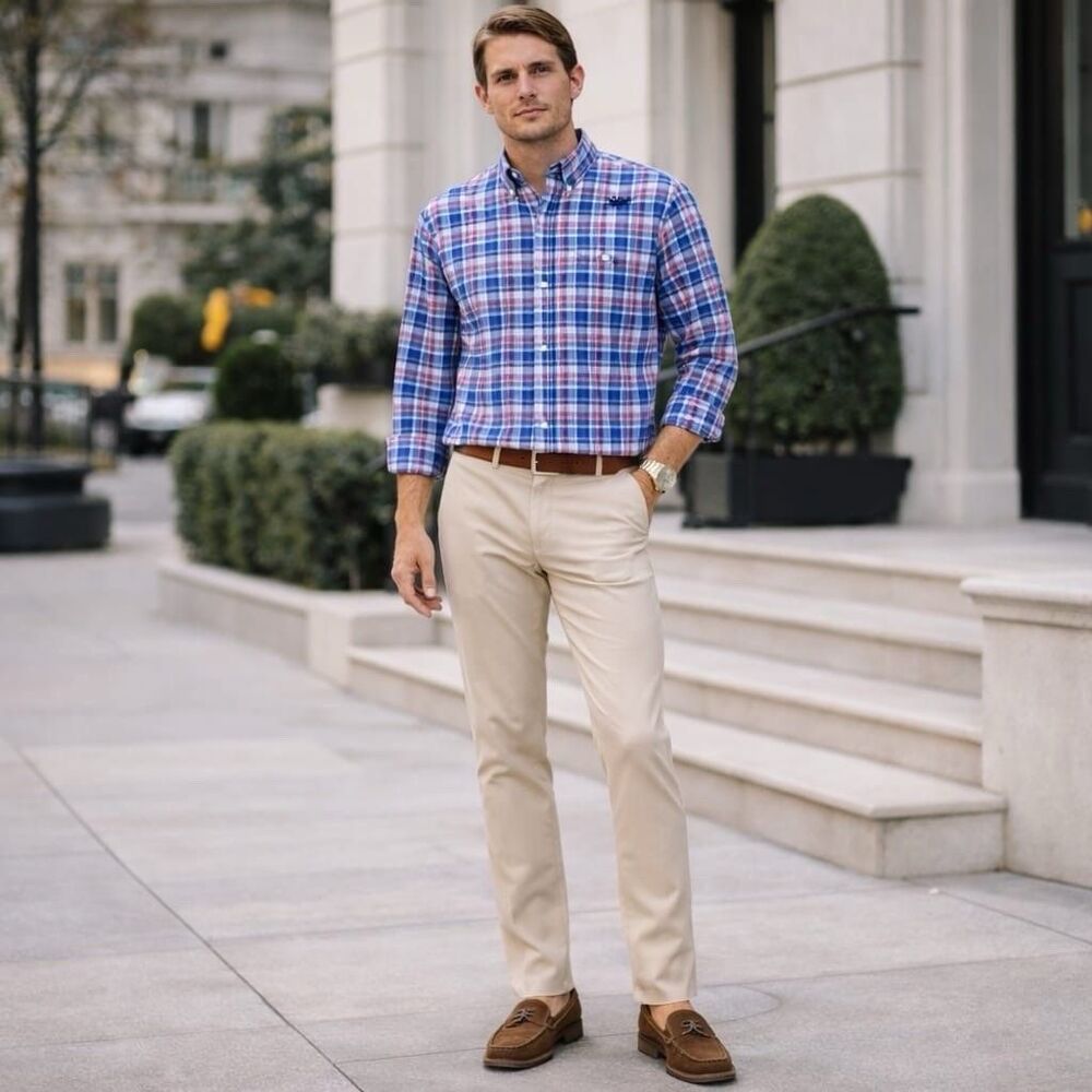 BROOKS BROTHERS 1818 Madison Fit Shirt LARGE Check‎ Plaid Blue SUPIMA COTTON